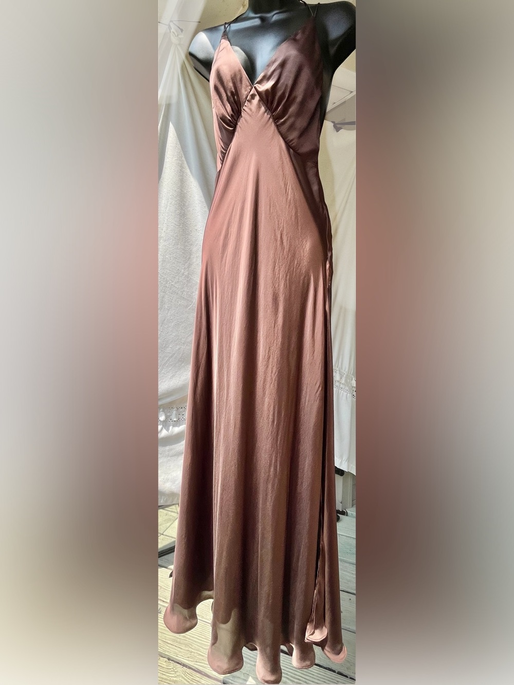 Zara Satin V-Neck Rouched Midi Lingerie Dress Fluid Silhouette Chocolate Small